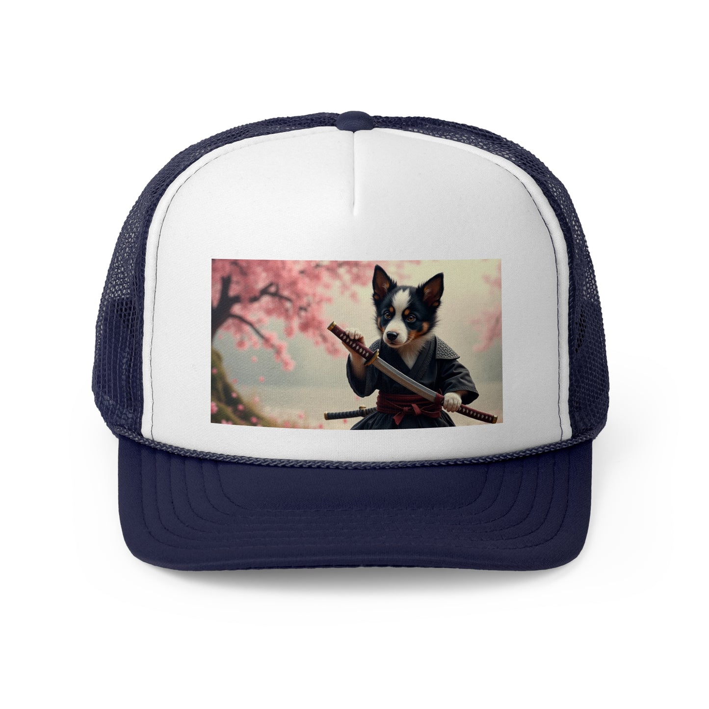 Samurai Puppy Trucker Hat - Japanese Warrior Dog Cap - Cherry Blossom Ninja Baseball Hat