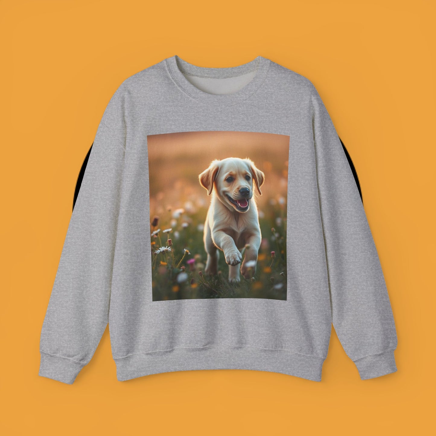 Unisex Dog Lover Crewneck Sweatshirt - Playful Labrador Puppy Running Through Wildflower Meadow