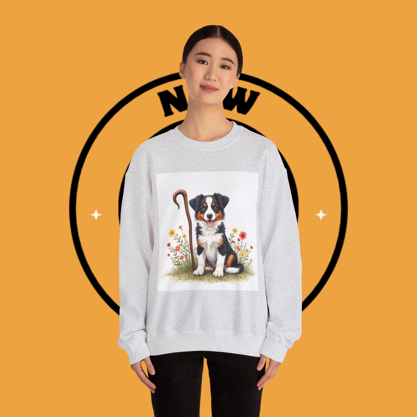 Border Collie Puppy Shepherd's Crook Crewneck Sweatshirt - Pastoral Dog Art | Farm Life Gift