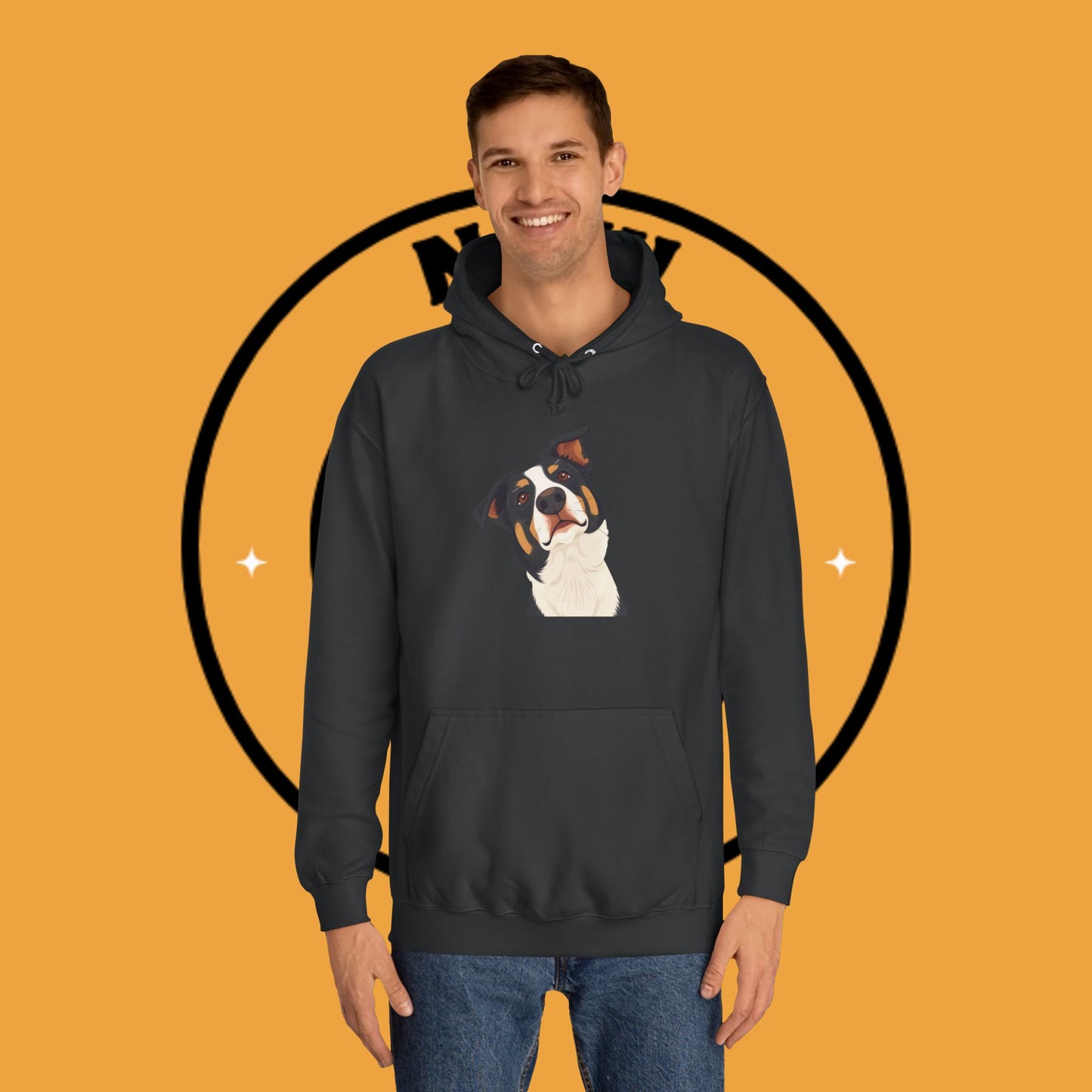 "Happy Border Collie Hoodie - Playful Cartoon Dog with Tilted Head Design | Cute Animal Streetwear"