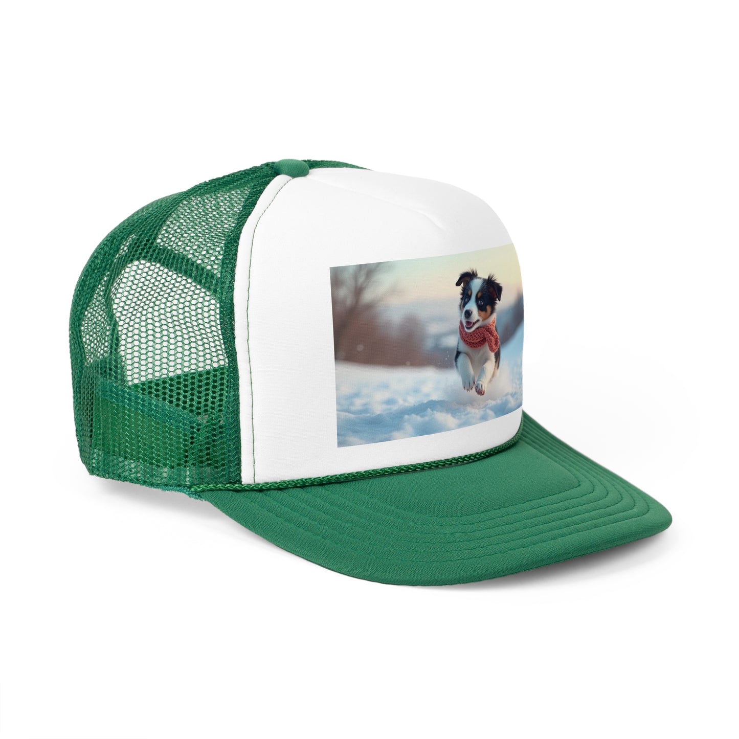Winter Puppy Trucker Hat - Cozy Dog in Snow Cap - Adorable Scarf Puppy Baseball Hat
