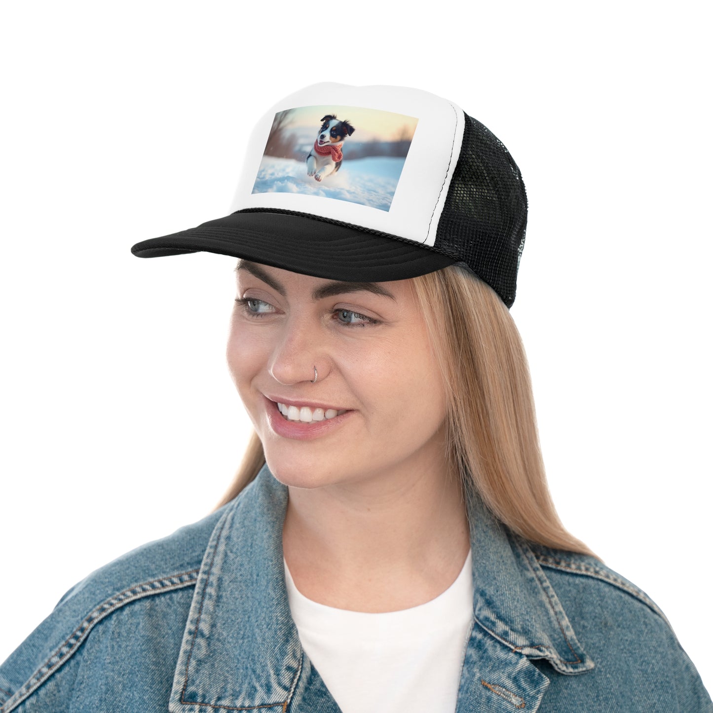 Winter Puppy Trucker Hat - Cozy Dog in Snow Cap - Adorable Scarf Puppy Baseball Hat