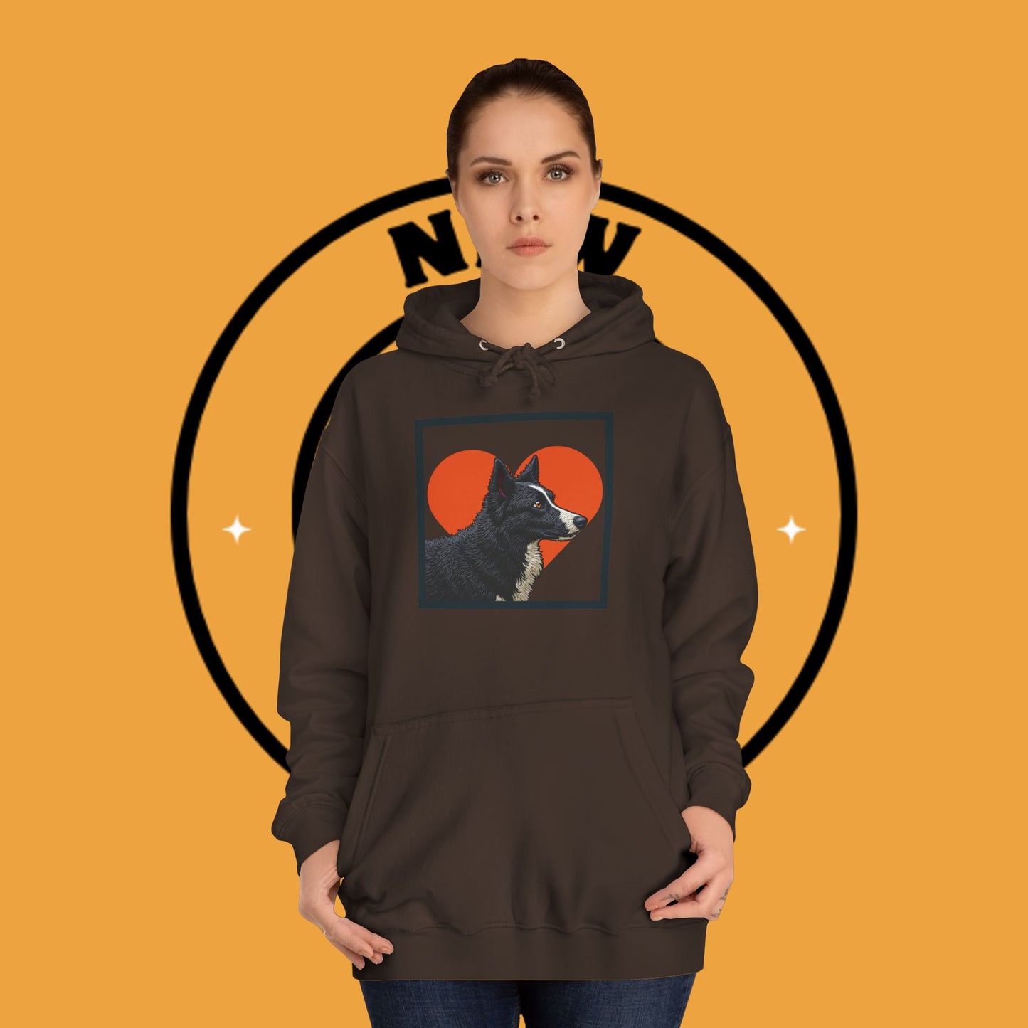 "Black & White Border Collie Portrait Hoodie - Bold Red Heart Background Dog Lover Sweatshirt | Premium Art Design"