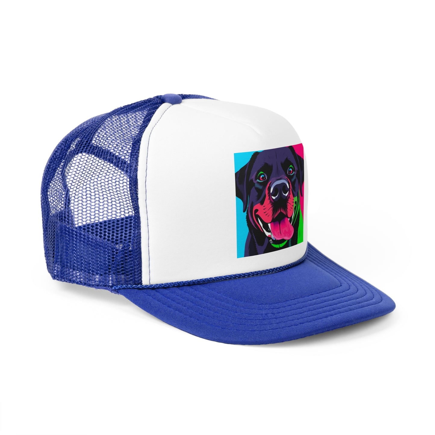 Psychedelic Pop Art Dog Trucker Hat - Vibrant Neon Colors Lab Portrait Cap - Perfect for Pet Lovers