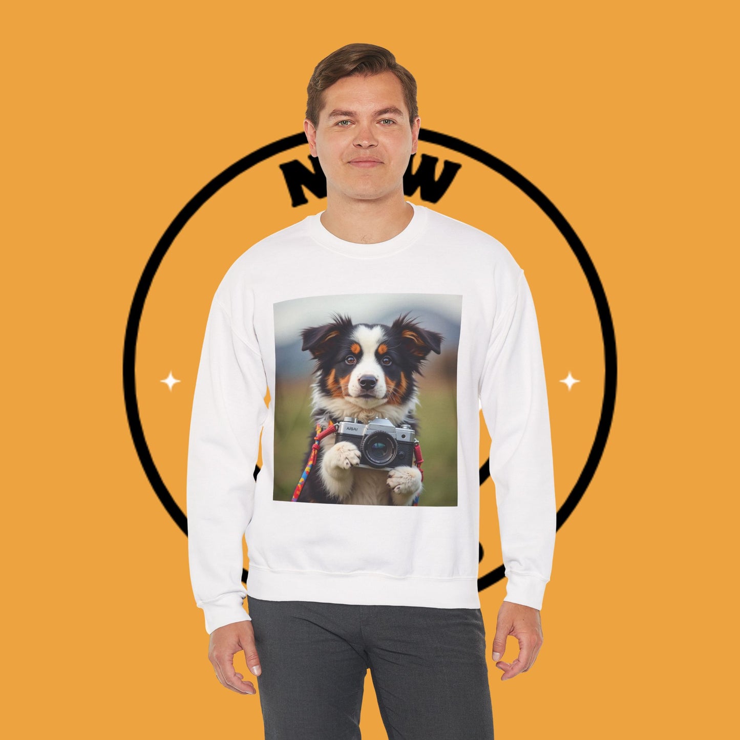 Photographer Dog Crewneck Sweatshirt - Cute Puppy with Vintage Camera Design | Photography Lover Gift