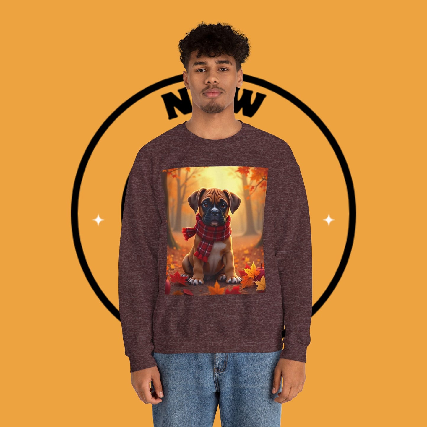 Cute Boxer Puppy Autumn Crewneck Sweatshirt | Fall Dog Lover Gift | Cozy Plaid Scarf Design