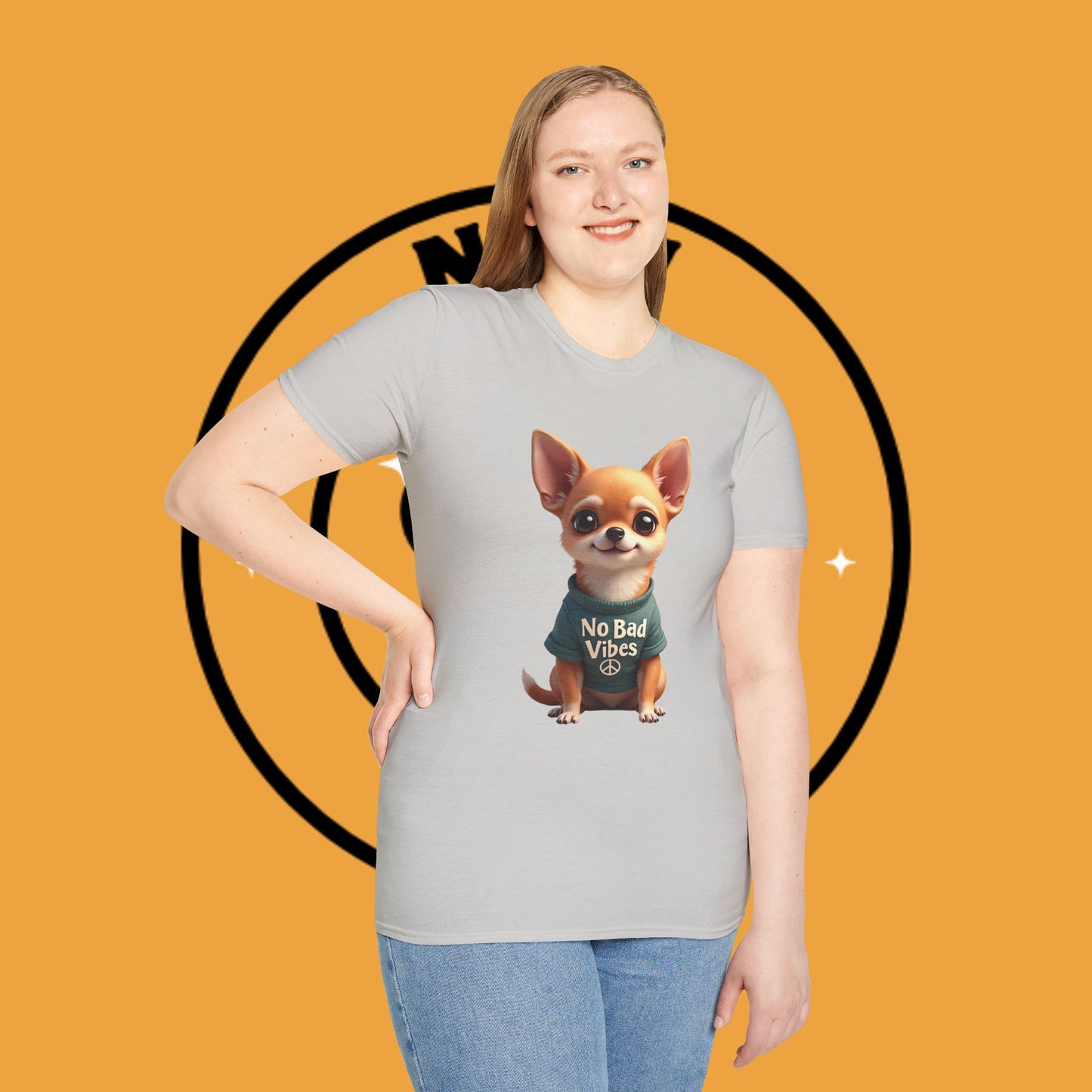 No Bad Vibes Chihuahua T-Shirt - Positive Energy Dog Art - Peace Symbol Pet Tee - Mental Health Wellness Shirt