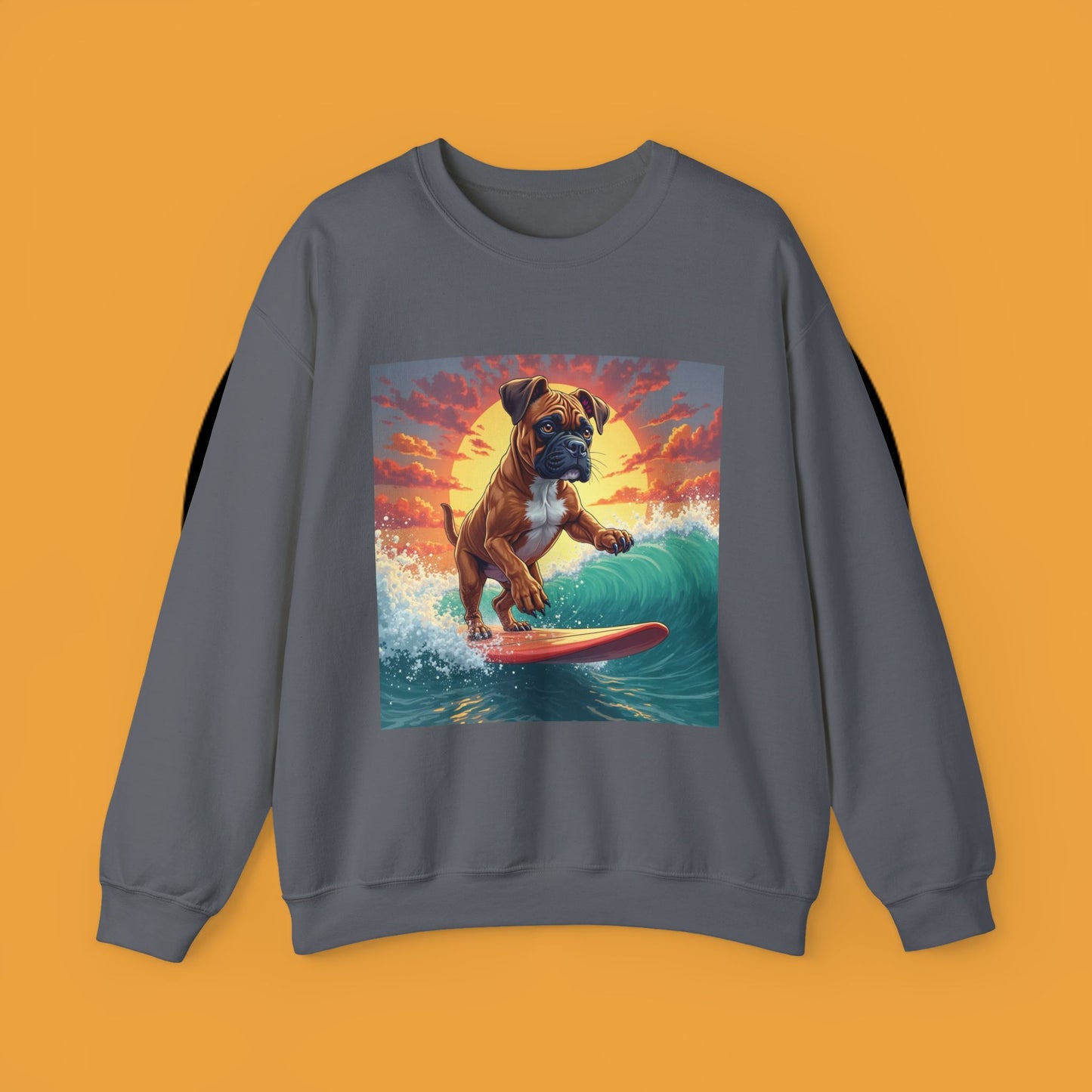 Surfing Boxer Dog Crewneck Sweatshirt | Funny Beach Surfer Gift | Epic Wave Riding Pup Design