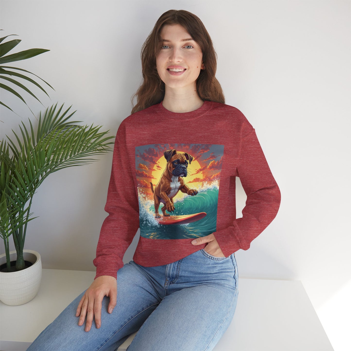 Surfing Boxer Dog Crewneck Sweatshirt | Funny Beach Surfer Gift | Epic Wave Riding Pup Design