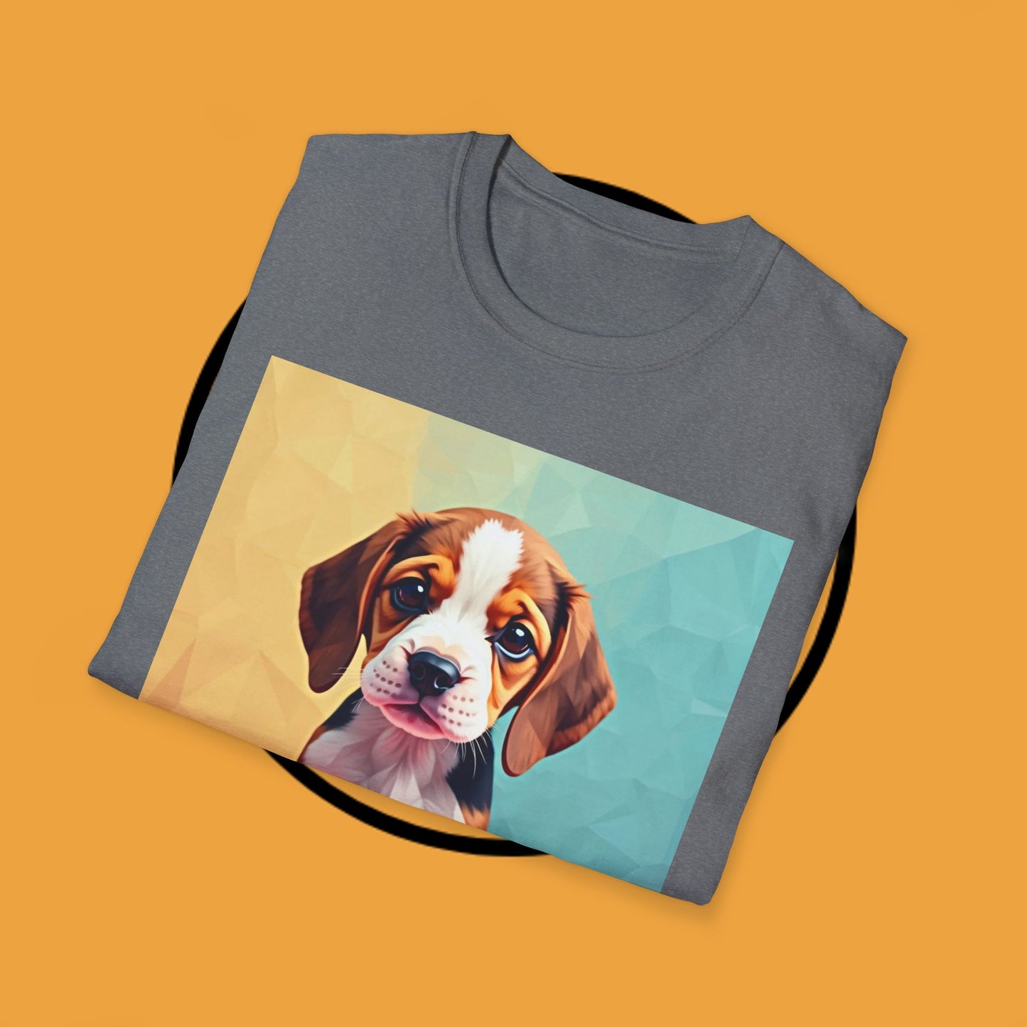 Modern Art Beagle Puppy T-Shirt - Geometric Low Poly Dog Design with Rainbow Background