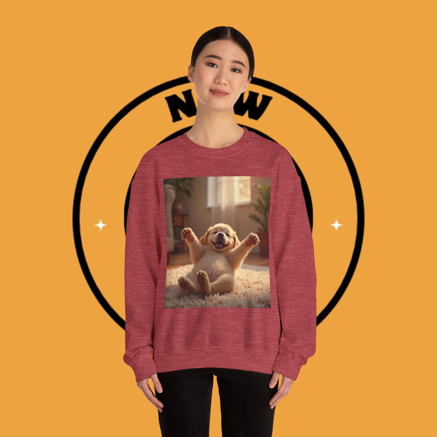 Unisex Dog Lover Crewneck Sweatshirt - Joyful Paws: Yellow Lab Puppy Stretching on Plush Carpet