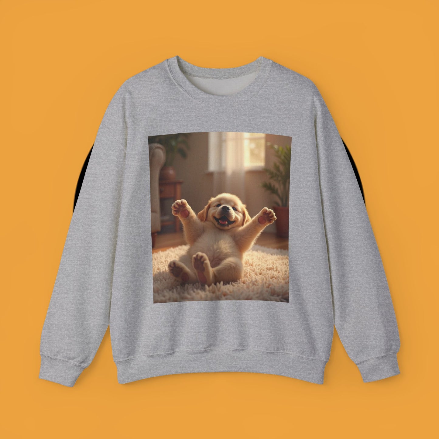 Unisex Dog Lover Crewneck Sweatshirt - Joyful Paws: Yellow Lab Puppy Stretching on Plush Carpet