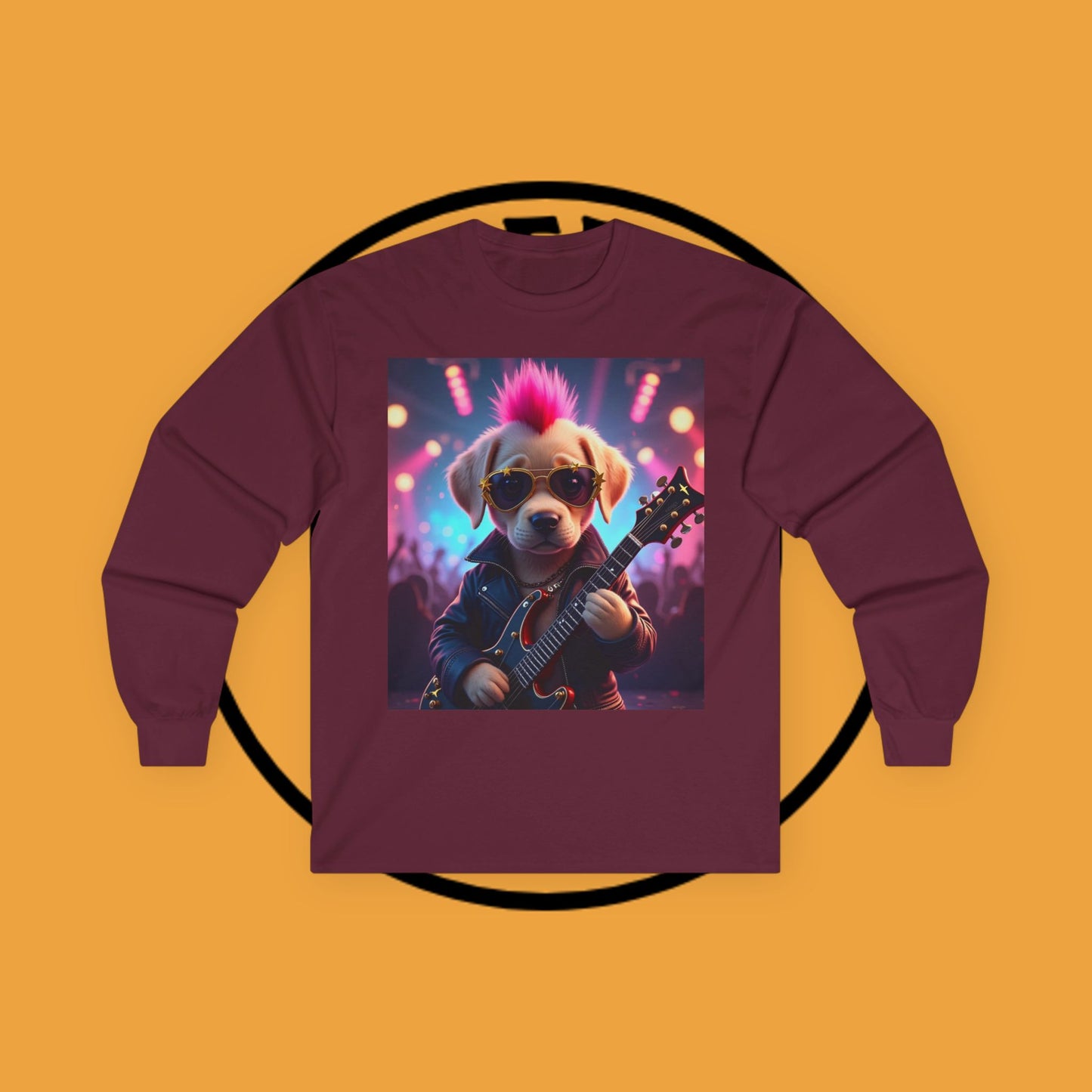 Long Sleeve T-Shirt - Punk Puppy with Electric Guitar - Design for Music Lovers Rockin' - Dog with Electric Guitar and Pink Mohawk - 🎸🐾
