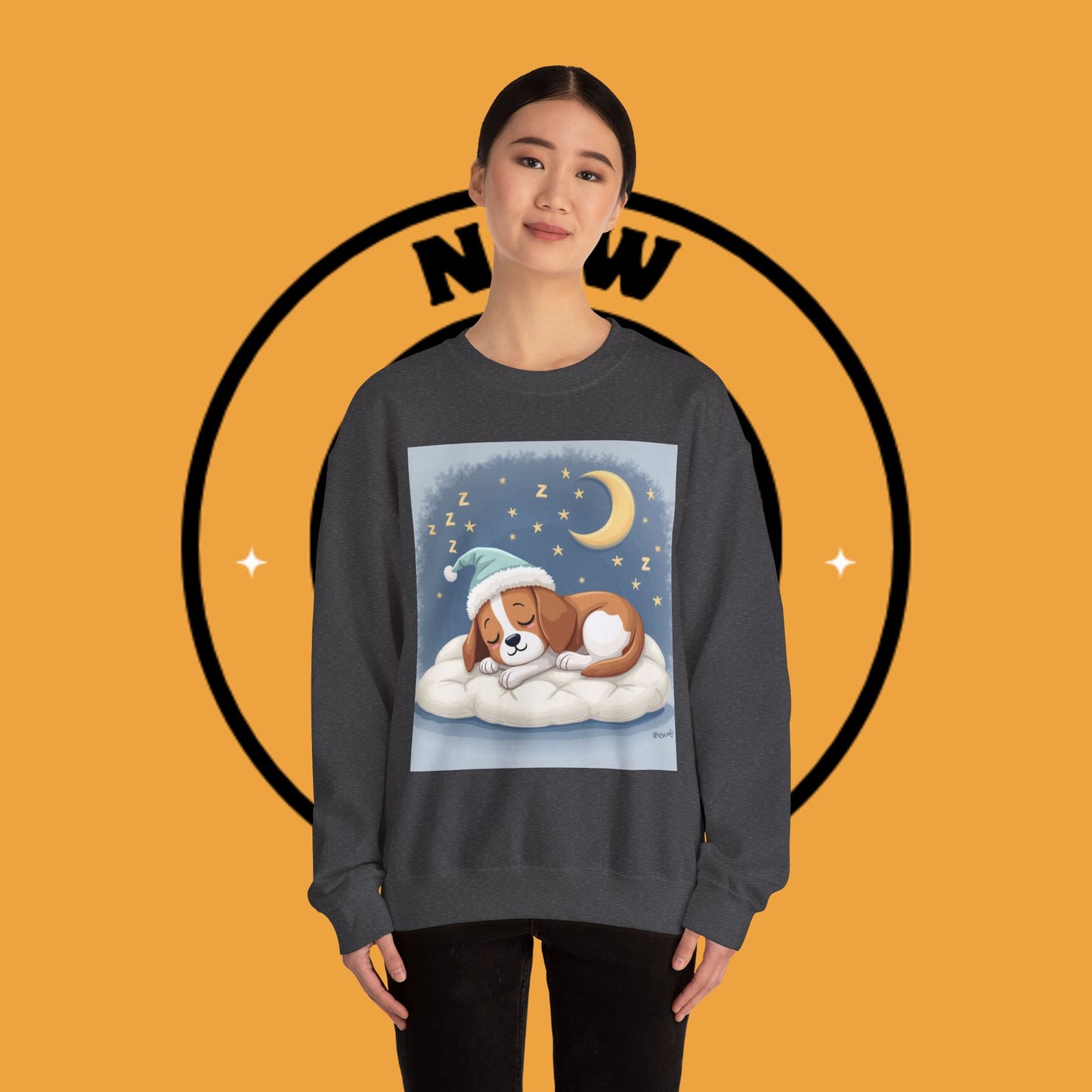 Sleeping Dog Crewneck Sweatshirt - Cute Beagle Design with Moon and Stars