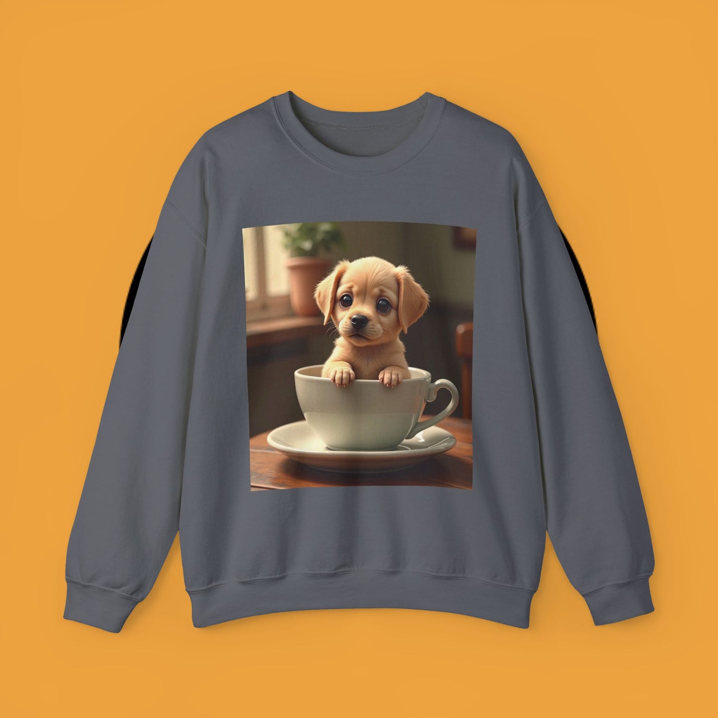 Unisex Dog Lover Crewneck Sweatshirt - Teacup Puppy: Adorable Yellow Lab in Coffee Cup