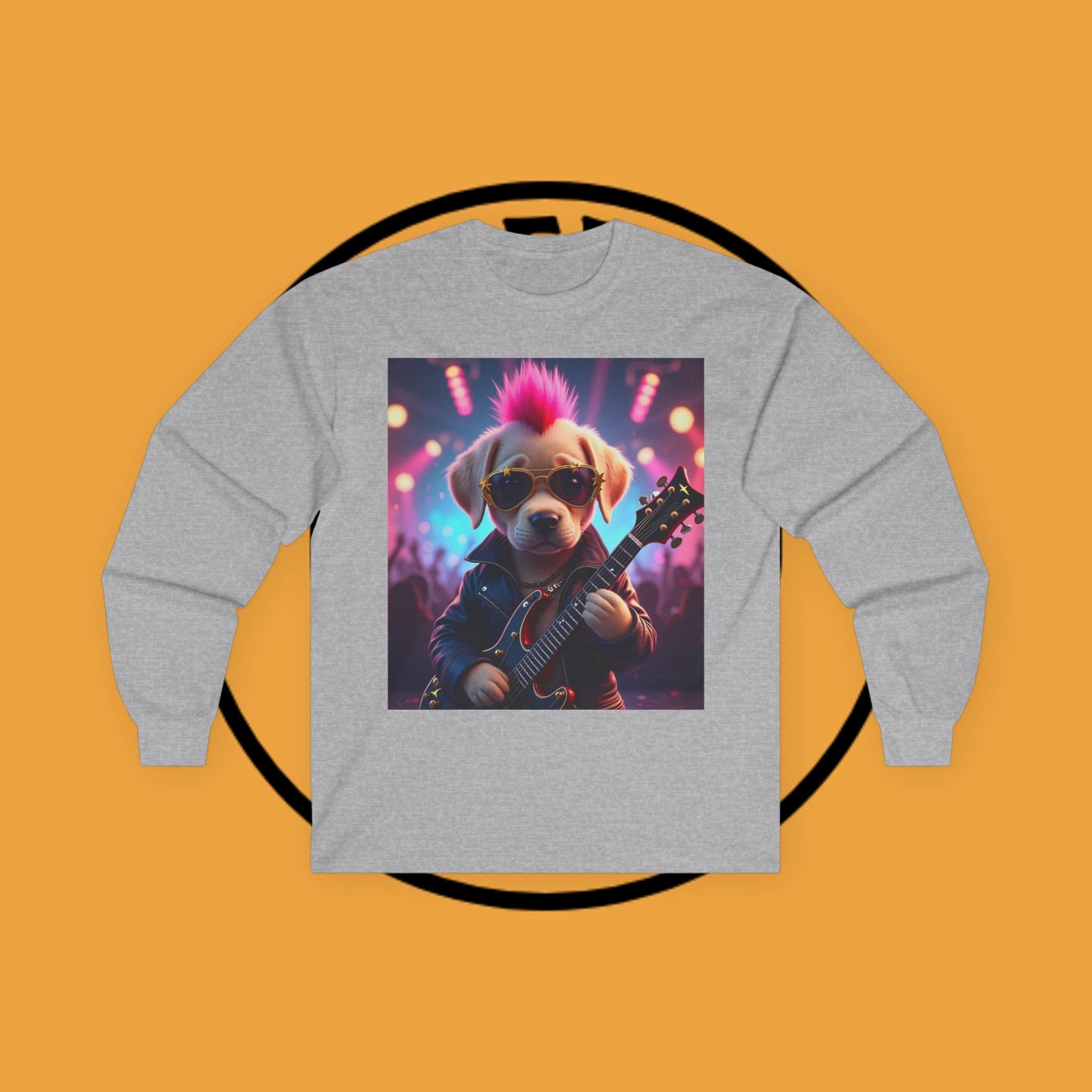 Long Sleeve T-Shirt - Punk Puppy with Electric Guitar - Design for Music Lovers Rockin' - Dog with Electric Guitar and Pink Mohawk - 🎸🐾