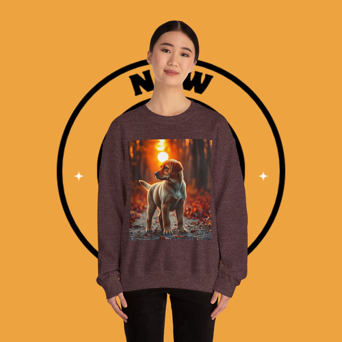 Crewneck Sweatshirt - Labrador Puppy in Autumn Forest with Golden Sunset Light Design