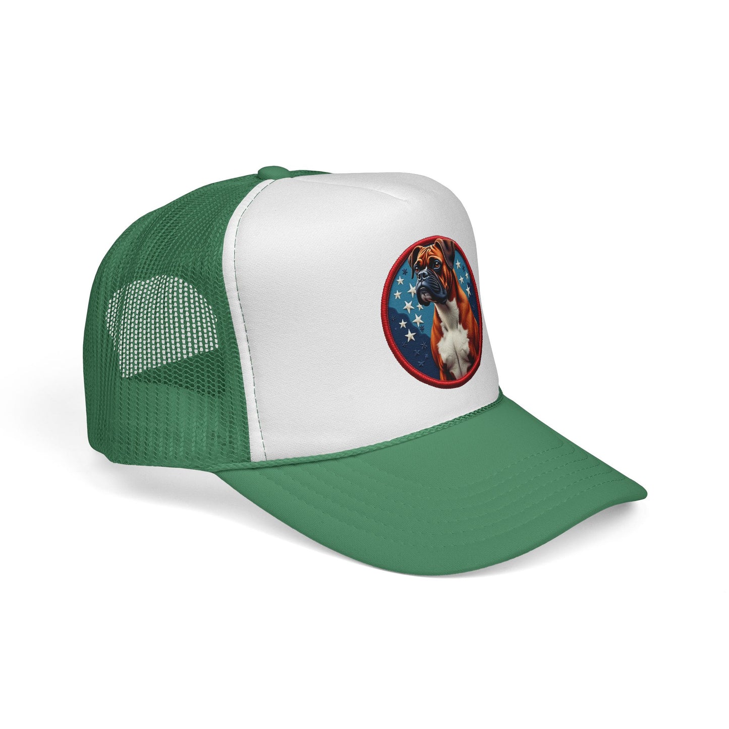 "Americana Boxer Dog Patch Trucker Cap - Patriotic Stars Design | USA Flag Colors Snapback Hat | Military Style Baseball Cap"