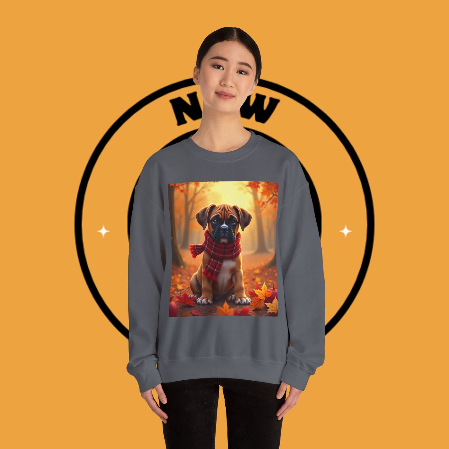 Cute Boxer Puppy Autumn Crewneck Sweatshirt | Fall Dog Lover Gift | Cozy Plaid Scarf Design