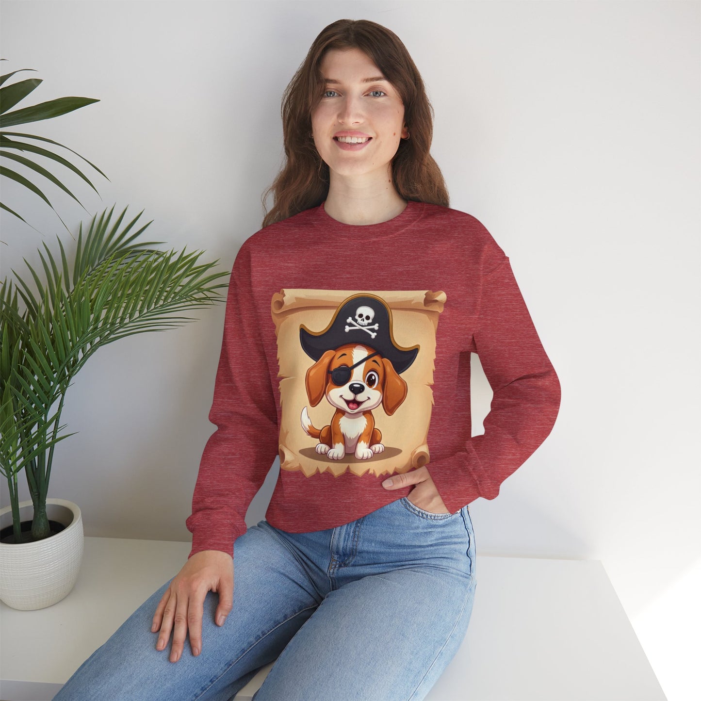 Pirate Dog Crewneck Sweatshirt - Buccaneer Beagle Design with Patch and Hat