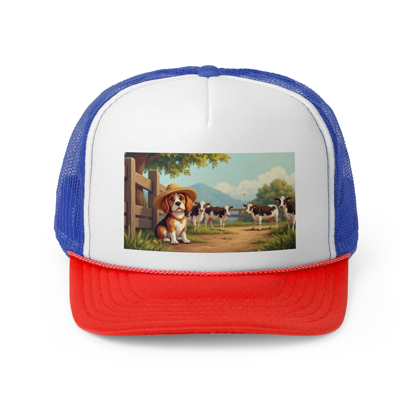 Farm Beagle with Straw Hat and Cows Trucker Hat - Country Dog Lover Cap - Adorable Dog Lover Unisex Cap