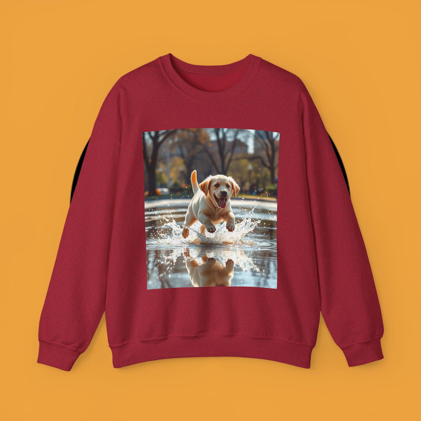 Unisex Dog Lover Crewneck Sweatshirt -Labrador Puppy Running in Water - Happy Dog Splashing in Puddle