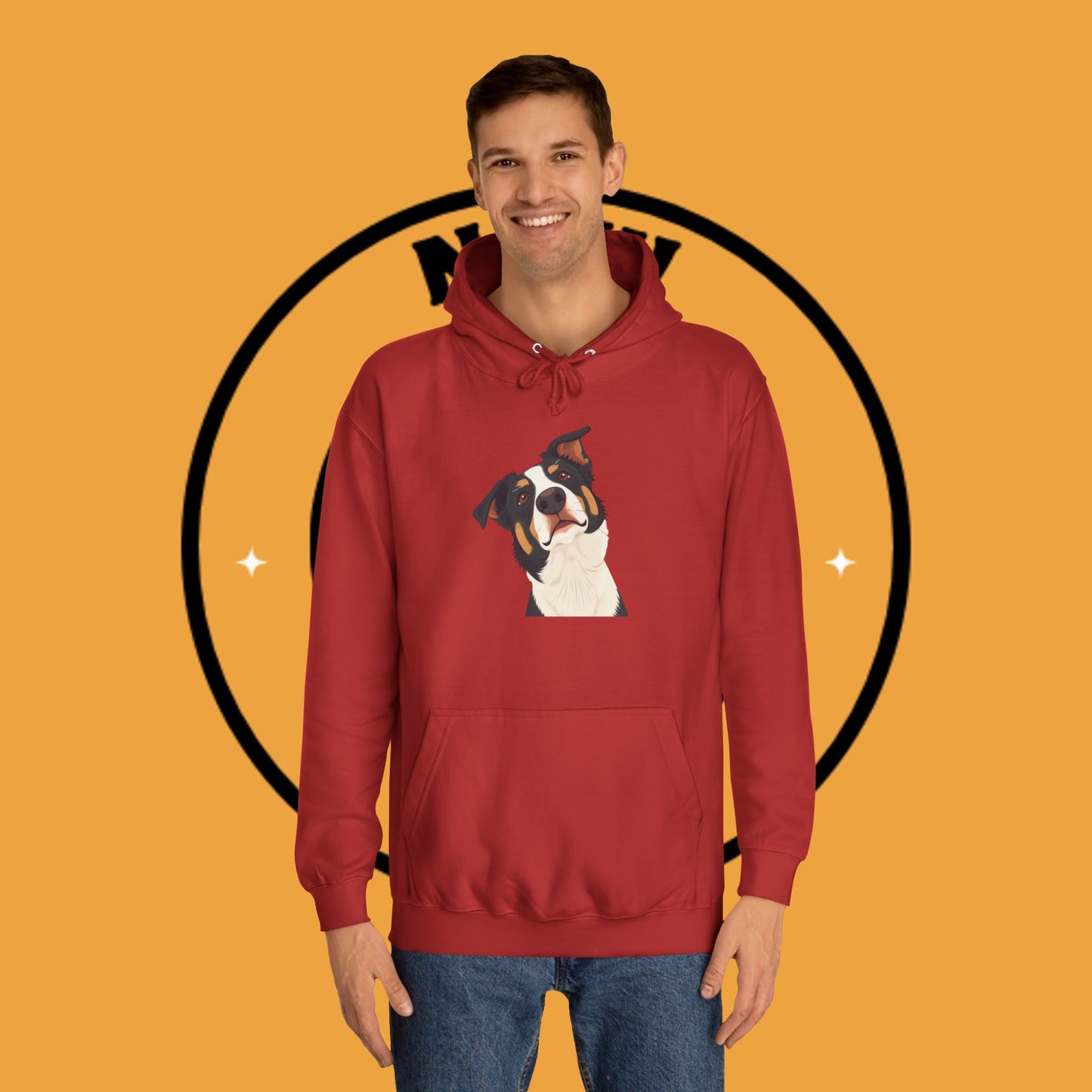 "Happy Border Collie Hoodie - Playful Cartoon Dog with Tilted Head Design | Cute Animal Streetwear"