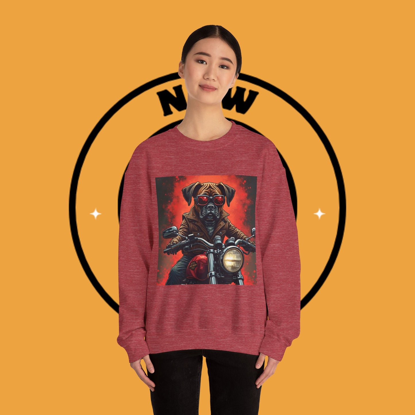 Biker Boxer Dog Crewneck Sweatshirt - Motorcycle Rebel Pup Design - Badass Pet Lover Style