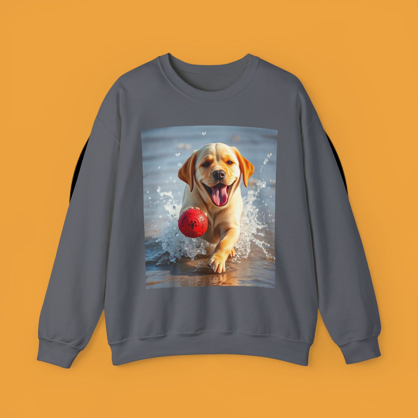 Unisex Dog Lover Crewneck Sweatshirt Labrador Puppy Playing with a Ball on the Beach - Photo of a Happy Dog Running in the Water