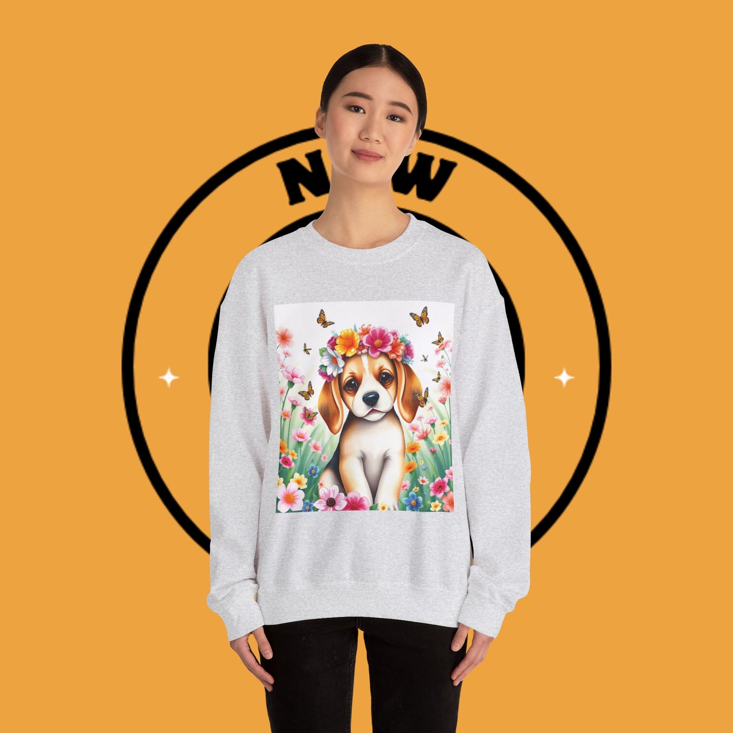 Flower Wreath Dog Crewneck Sweatshirt - Spring Beagle Design with Butterflies