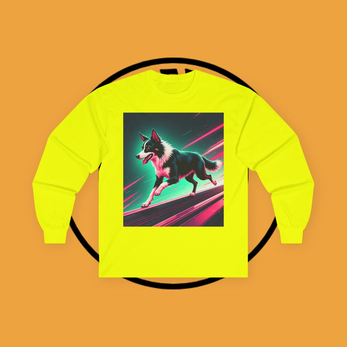 "Neon Speed Dog Long Sleeve Tee - Cyberpunk Running Border Collie Shirt - Futuristic Animal Art Apparel"