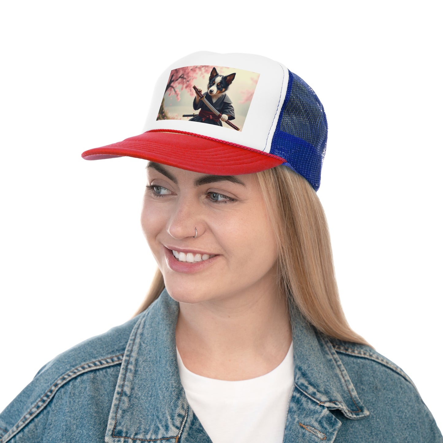 Samurai Puppy Trucker Hat - Japanese Warrior Dog Cap - Cherry Blossom Ninja Baseball Hat