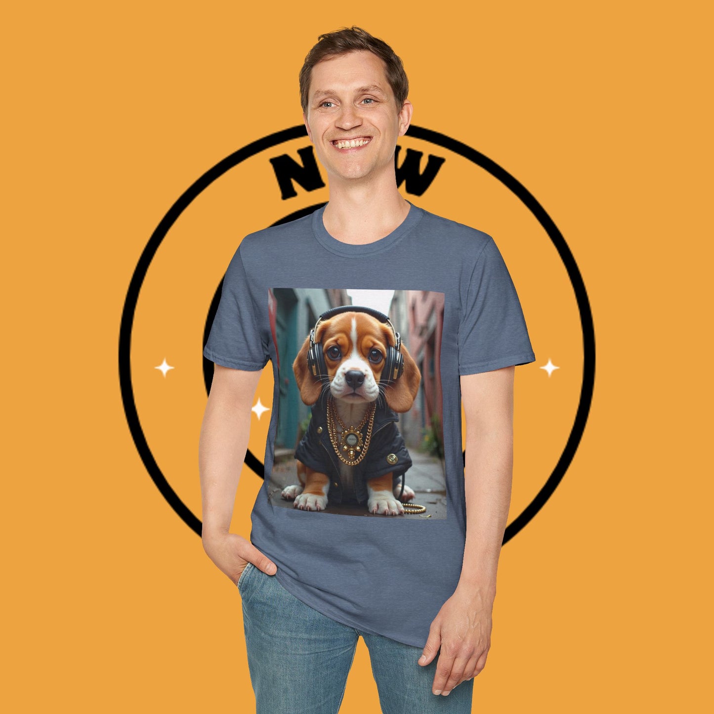 Hip Hop Beagle Dog T-Shirt - Cool Puppy with Headphones & Gold Chains Graphic Tee