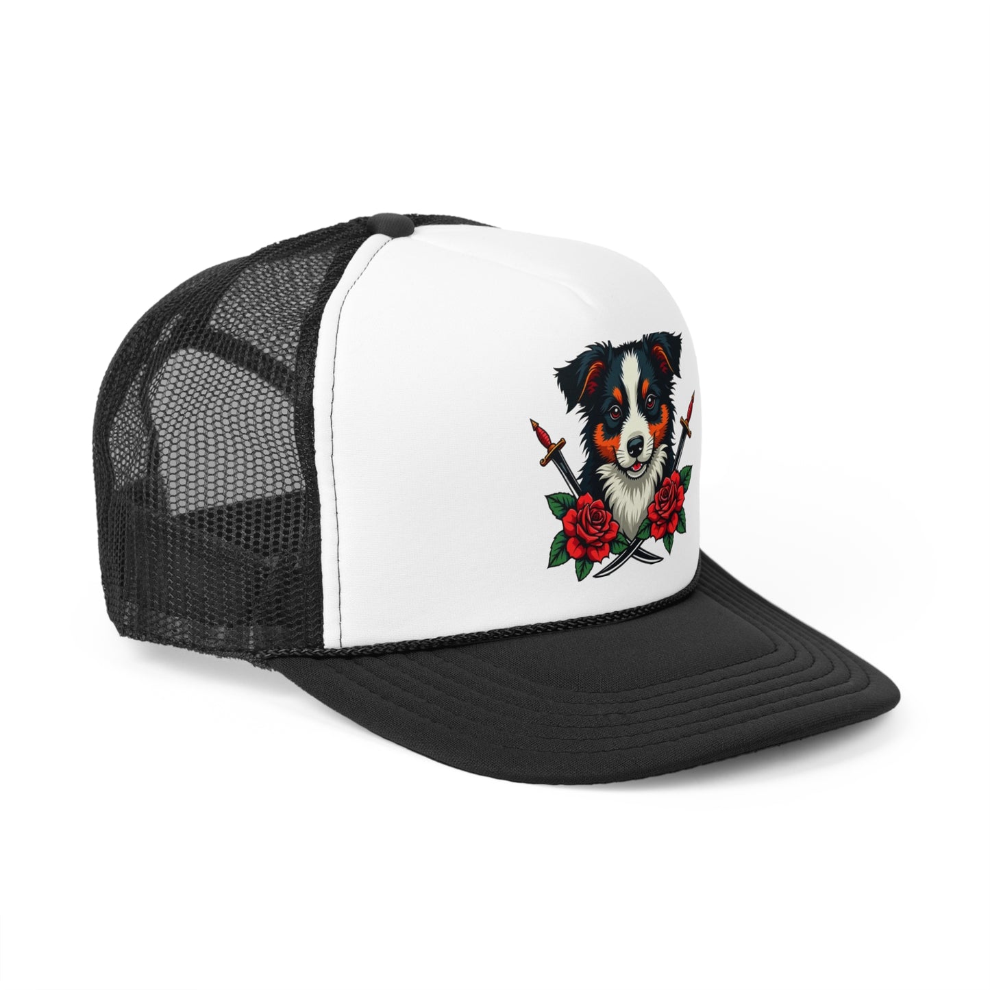 Fierce Border Collie Tattoo Style Trucker Hat - Vintage Dog Lover Cap with Roses & Daggers Design