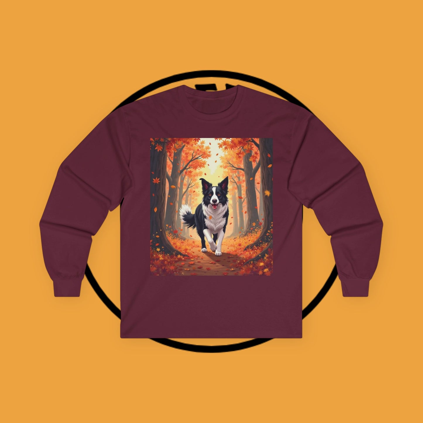 Autumn Border Collie Long Sleeve Tee - Fall Forest Dog Art Shirt | Seasonal Pet Apparel