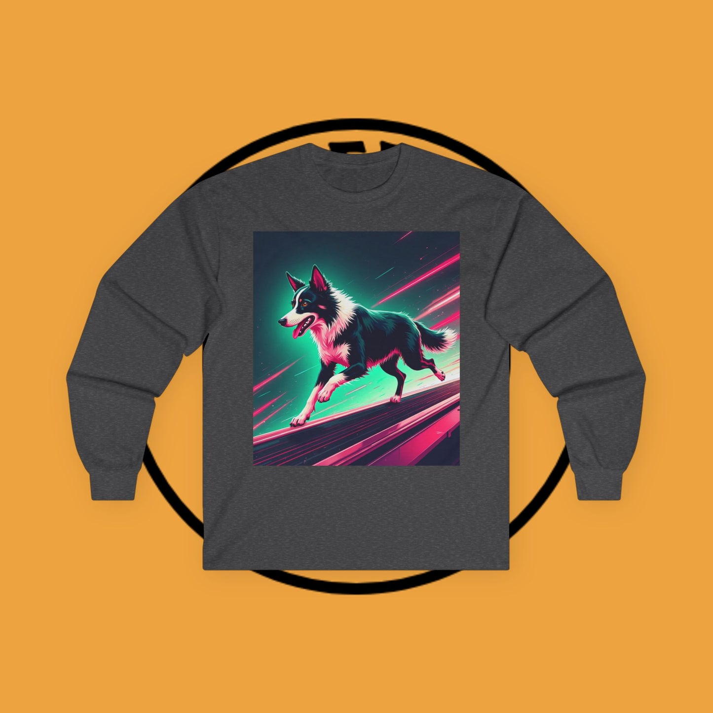 "Neon Speed Dog Long Sleeve Tee - Cyberpunk Running Border Collie Shirt - Futuristic Animal Art Apparel"