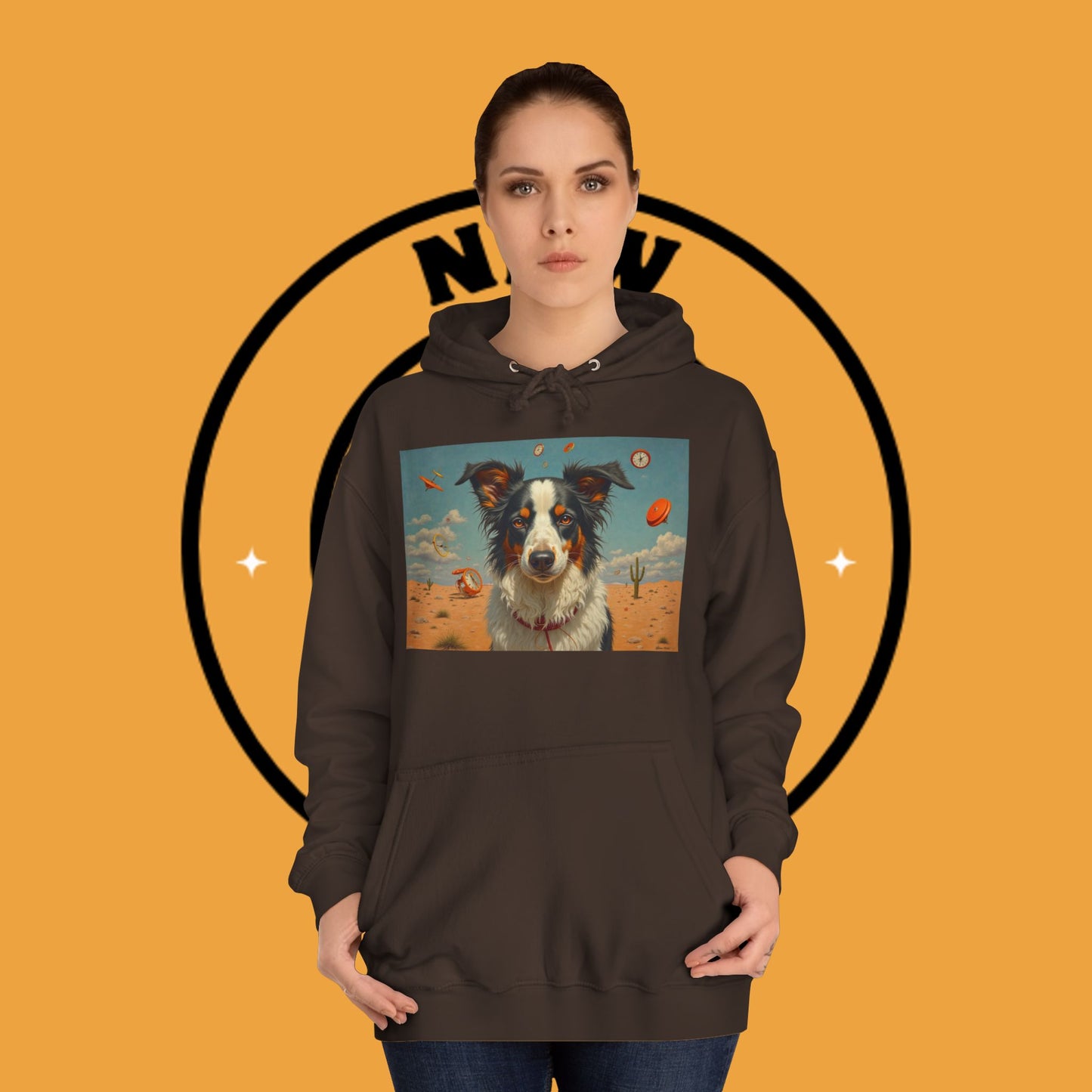 "Surreal Border Collie Time Desert Hoodie - Flying Clocks Artistic Dog Sweatshirt | Dreamlike Fantasy Design"