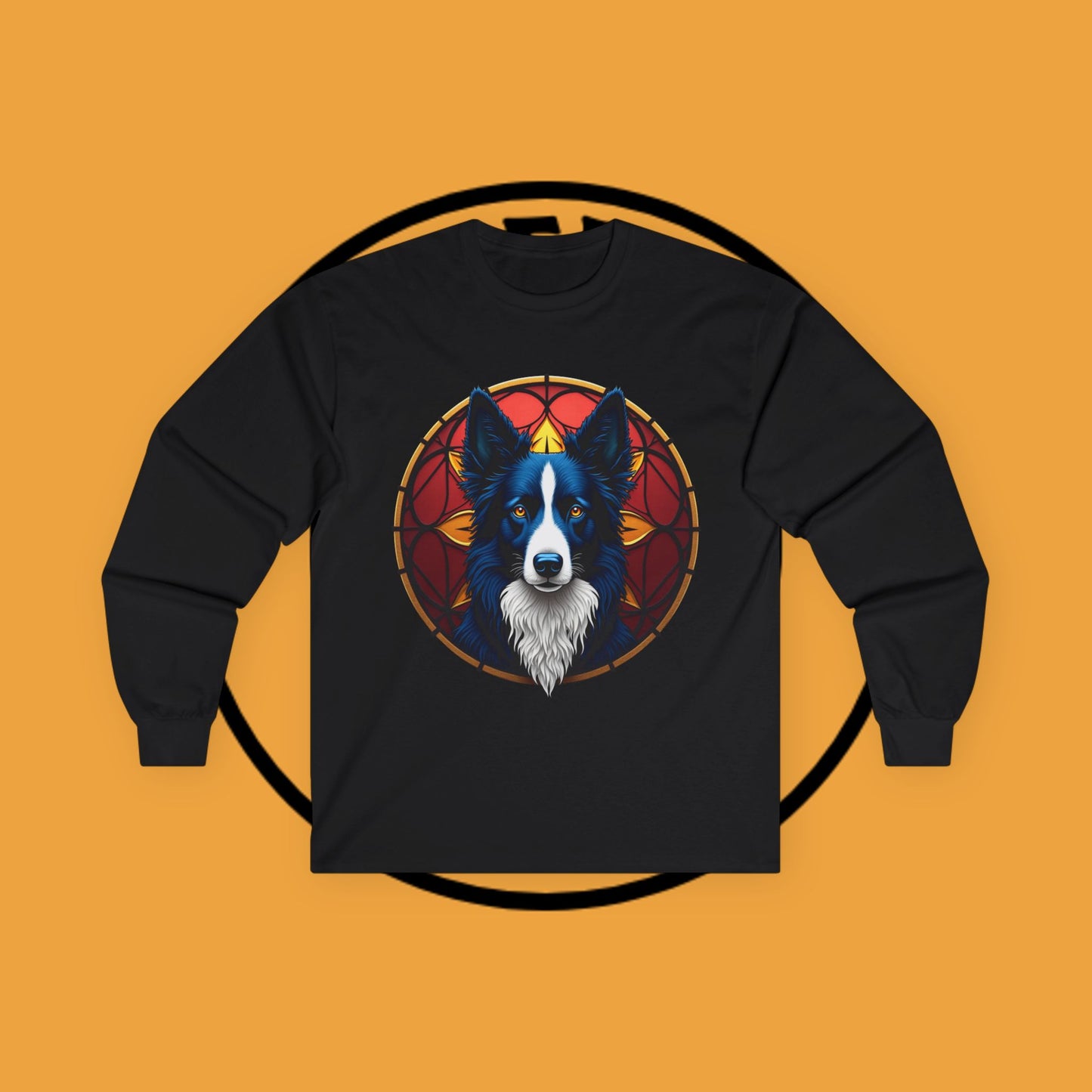 "Mystical Border Collie Stained Glass Long Sleeve Tee - Sacred Geometry Spirit Animal Shirt - Gothic Fantasy Apparel"