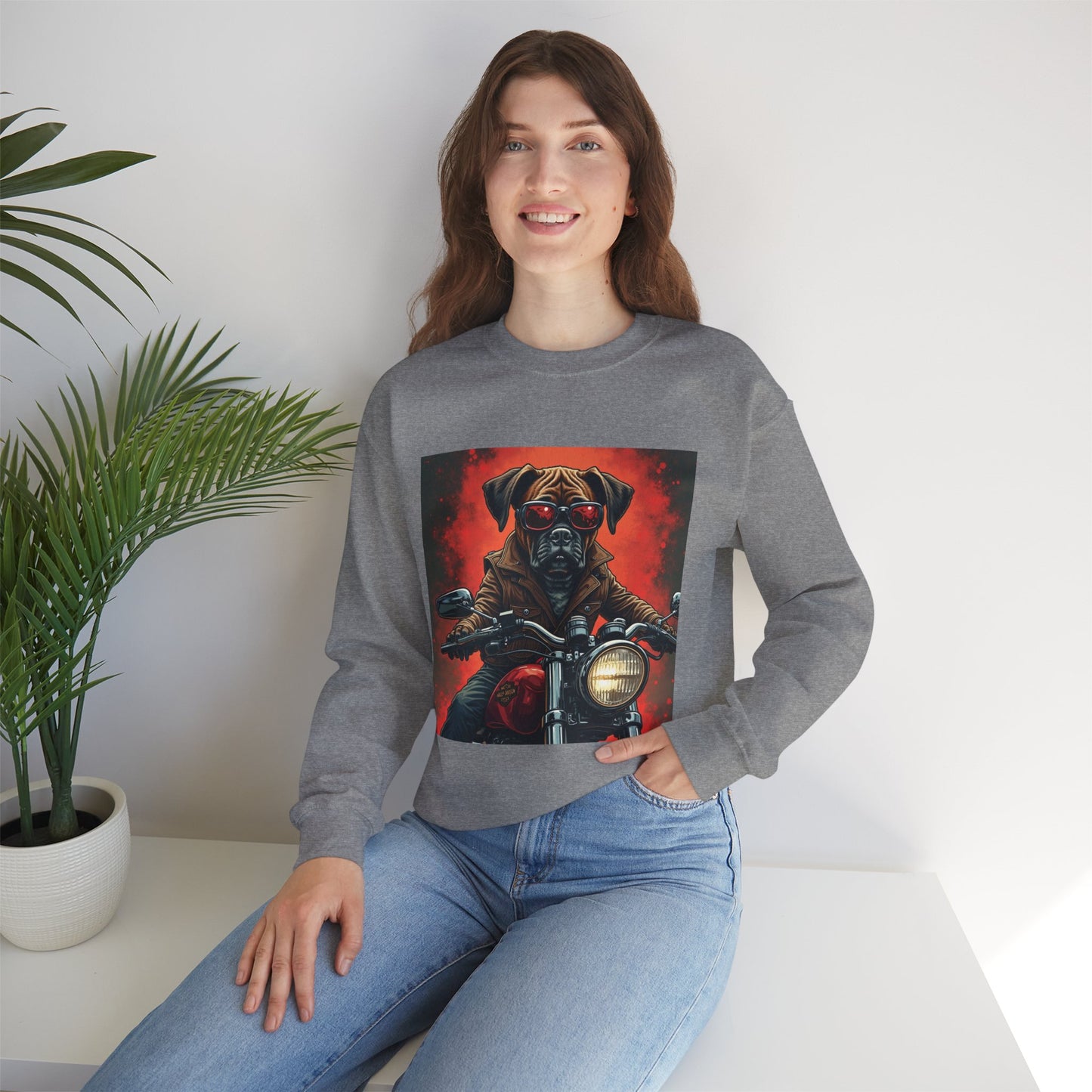 Biker Boxer Dog Crewneck Sweatshirt - Motorcycle Rebel Pup Design - Badass Pet Lover Style