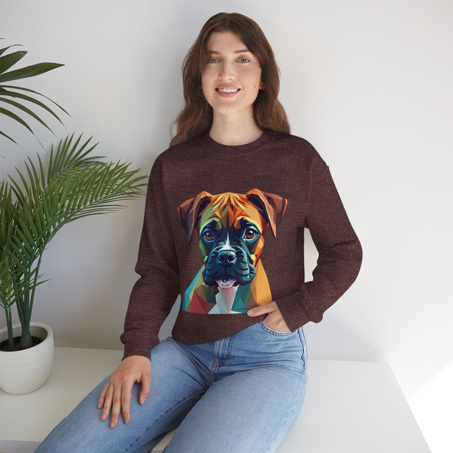 Geometric Boxer Dog Crewneck Sweatshirt - Polygon Art Pet Portrait - Modern Design Lover Gift