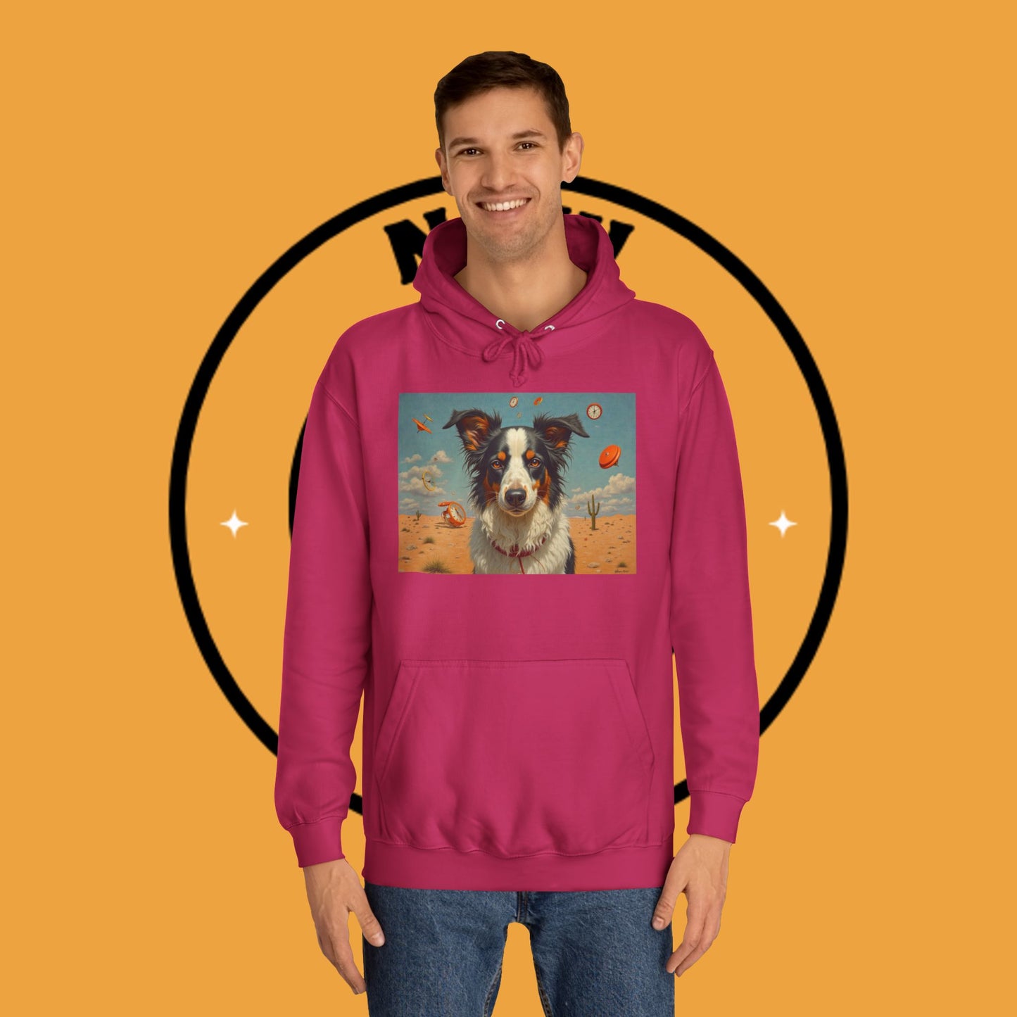 "Surreal Border Collie Time Desert Hoodie - Flying Clocks Artistic Dog Sweatshirt | Dreamlike Fantasy Design"