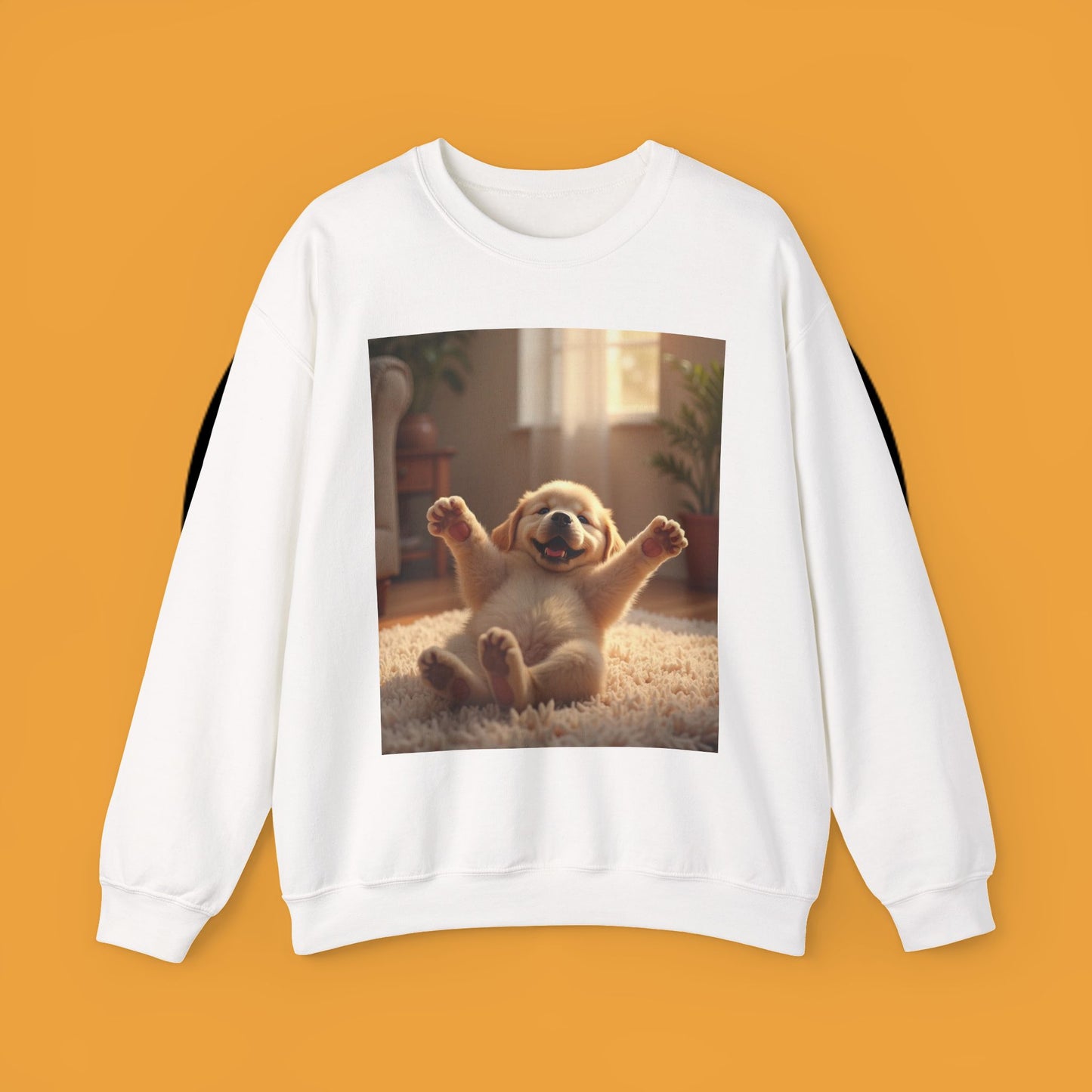 Unisex Dog Lover Crewneck Sweatshirt - Joyful Paws: Yellow Lab Puppy Stretching on Plush Carpet
