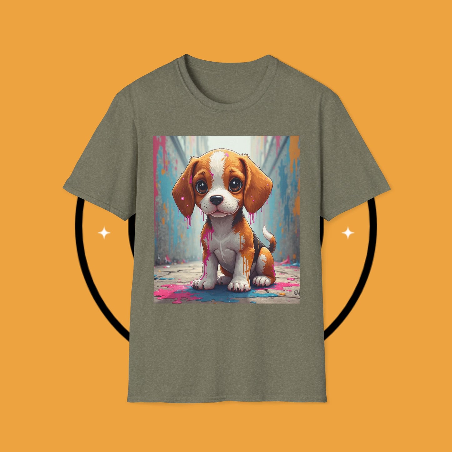 Beagle Street Art T-Shirt - Urban Paint Splatter Dog Design | Artistic Puppy Graffiti Tee for Creative Souls