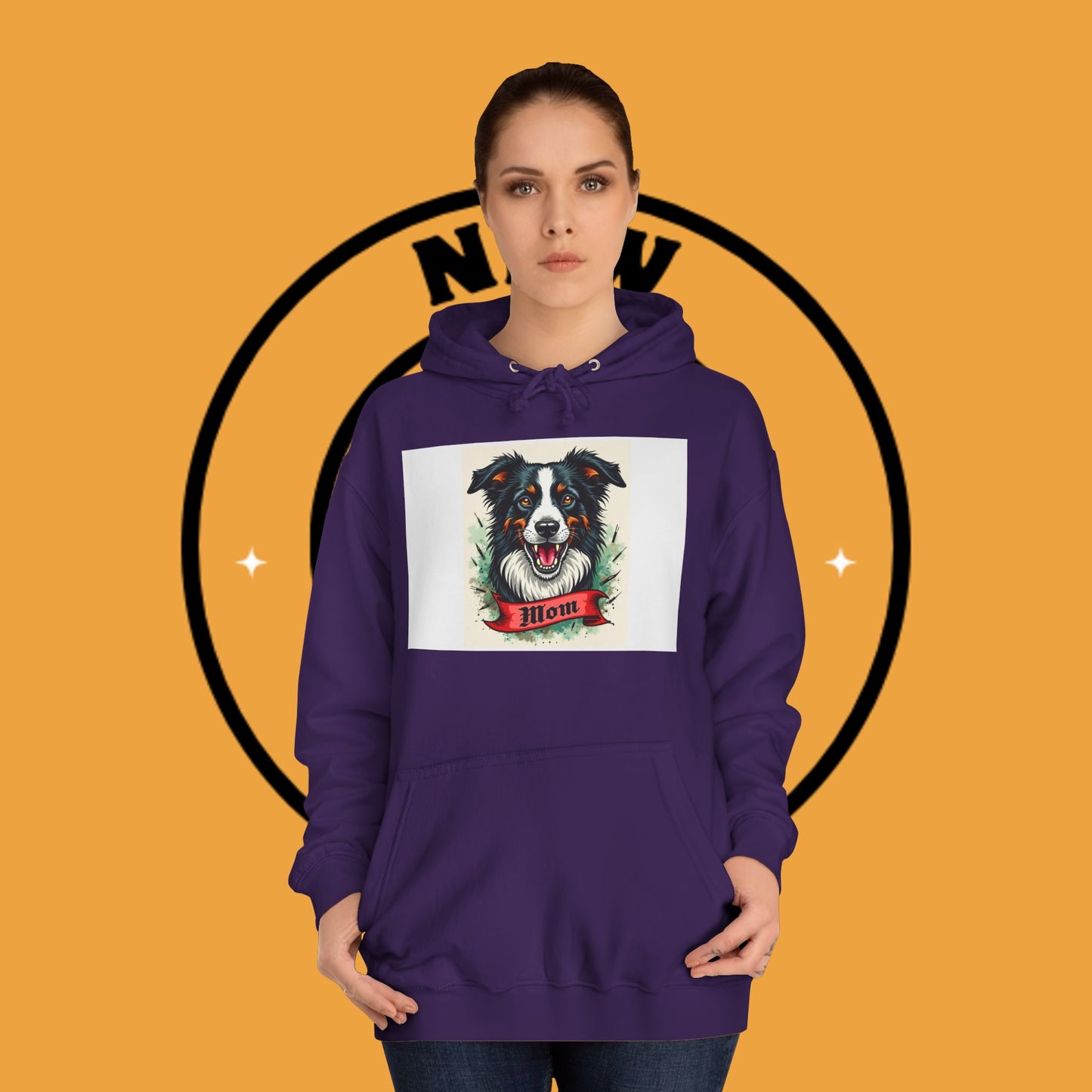 "Border Collie Mom Tattoo Style Hoodie - Vintage Dog Mother Banner Design Sweatshirt | Bold Statement Wear"