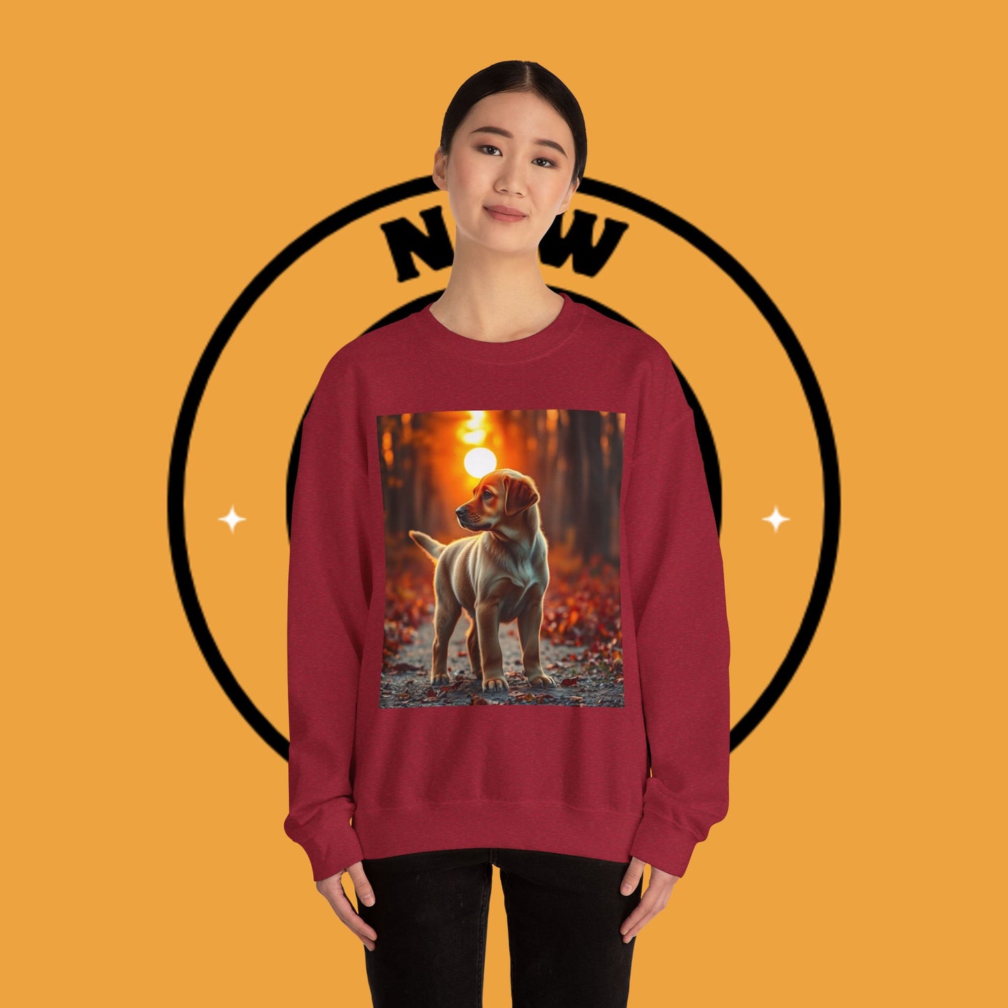 Crewneck Sweatshirt - Labrador Puppy in Autumn Forest with Golden Sunset Light Design