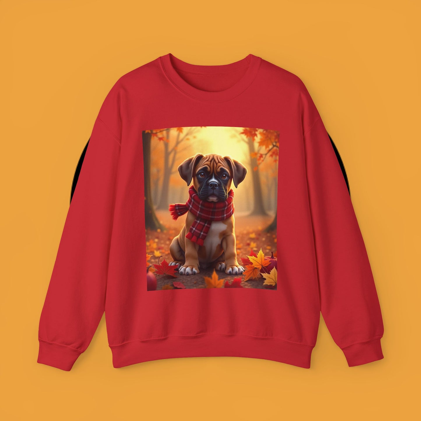 Cute Boxer Puppy Autumn Crewneck Sweatshirt | Fall Dog Lover Gift | Cozy Plaid Scarf Design