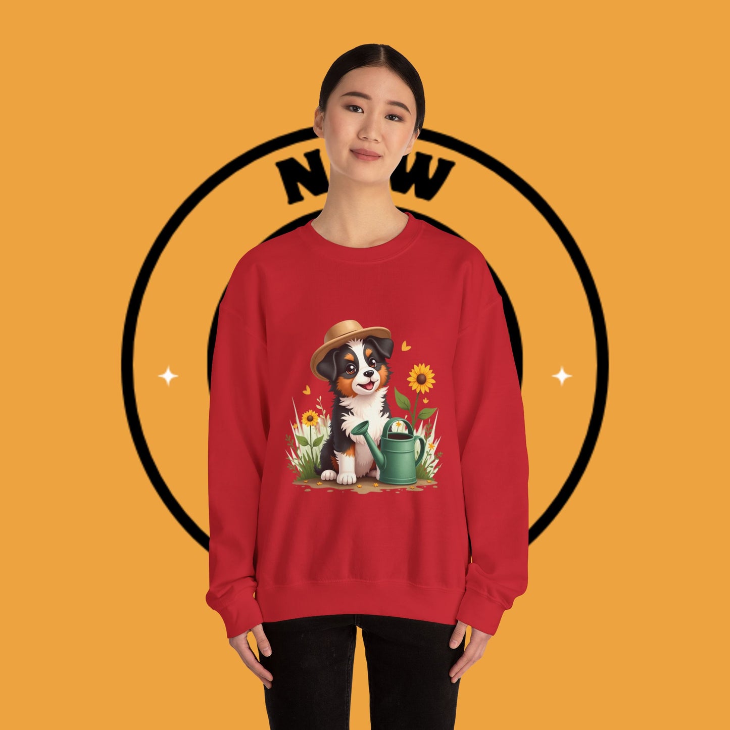 Garden Dog Crewneck Sweatshirt - Cute Puppy Gardener with Sunflowers Design | Green Thumb Gift