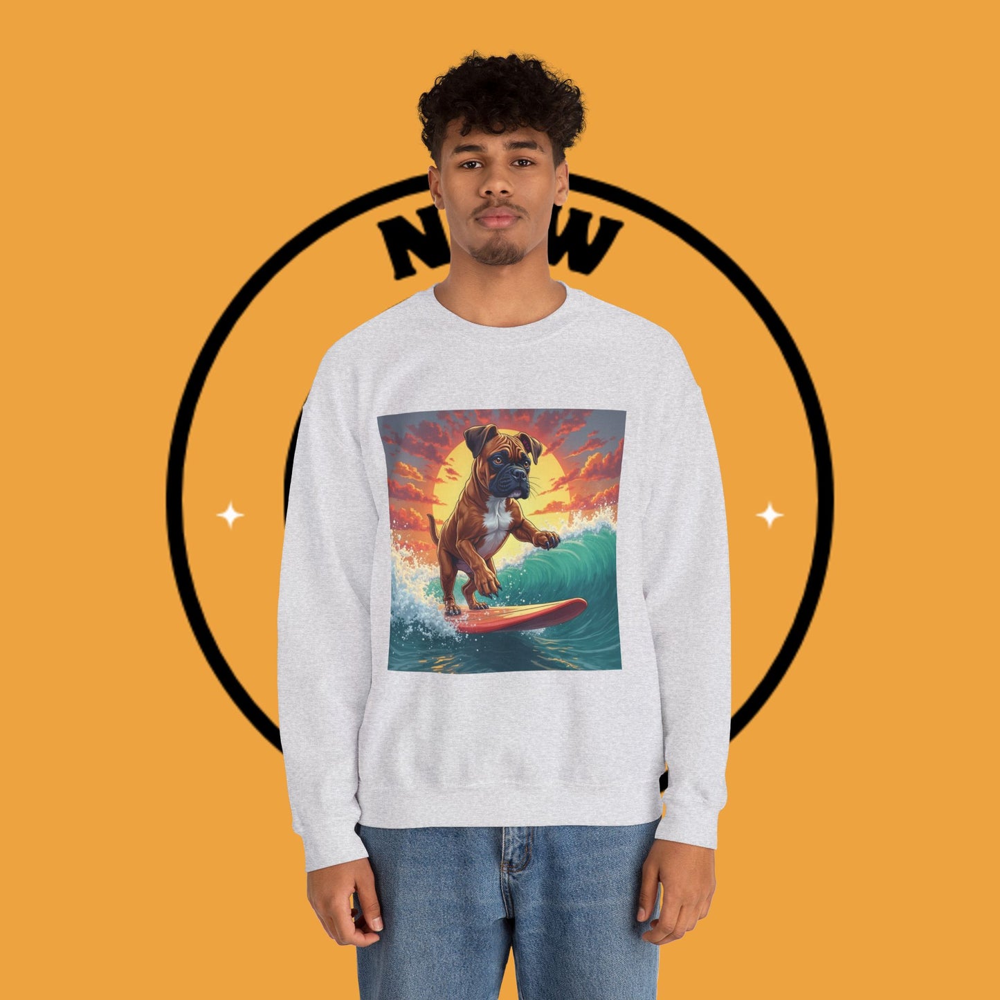 Surfing Boxer Dog Crewneck Sweatshirt | Funny Beach Surfer Gift | Epic Wave Riding Pup Design