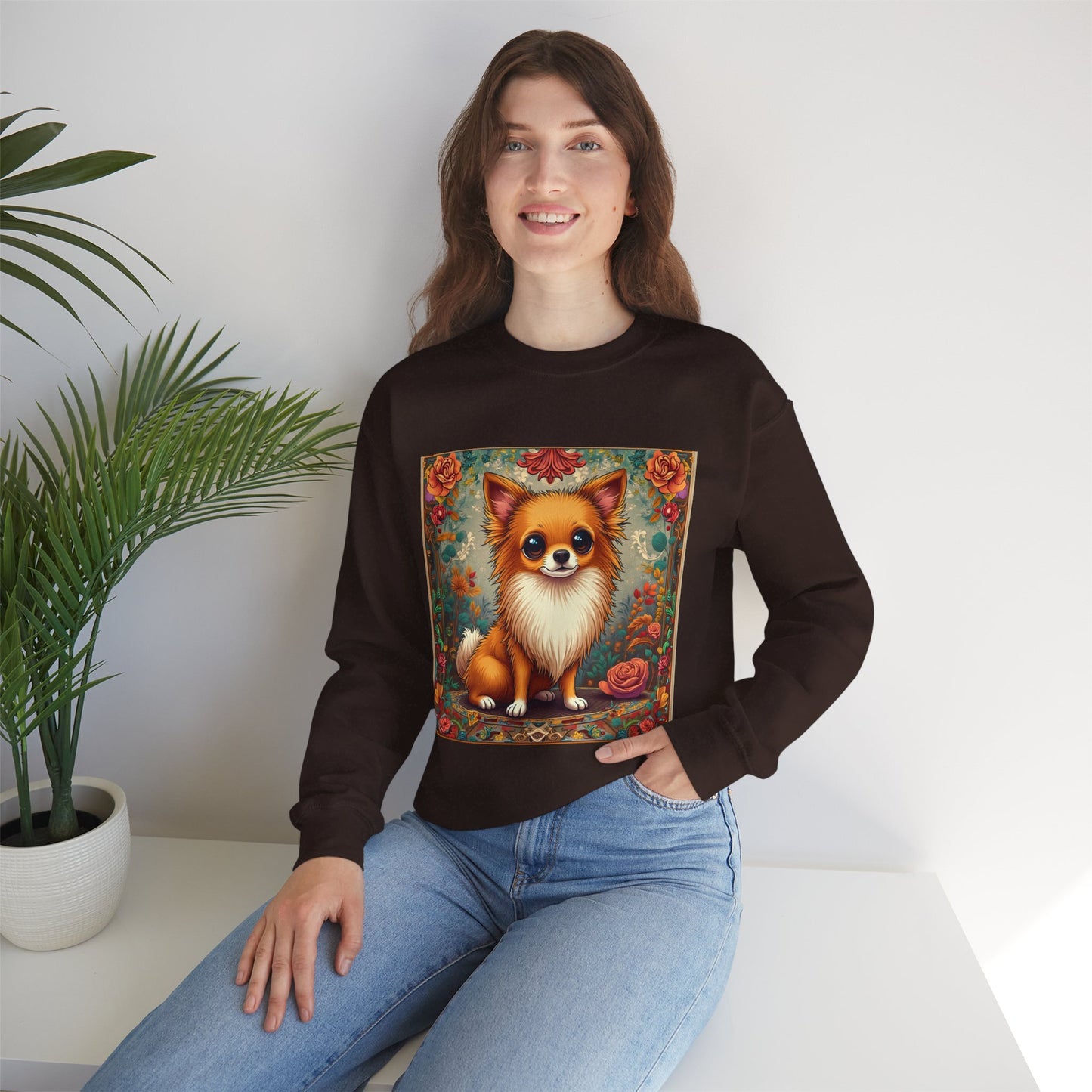Victorian Chihuahua Garden Sweatshirt | Ornate Floral Dog Portrait | Botanical Pet Art Design