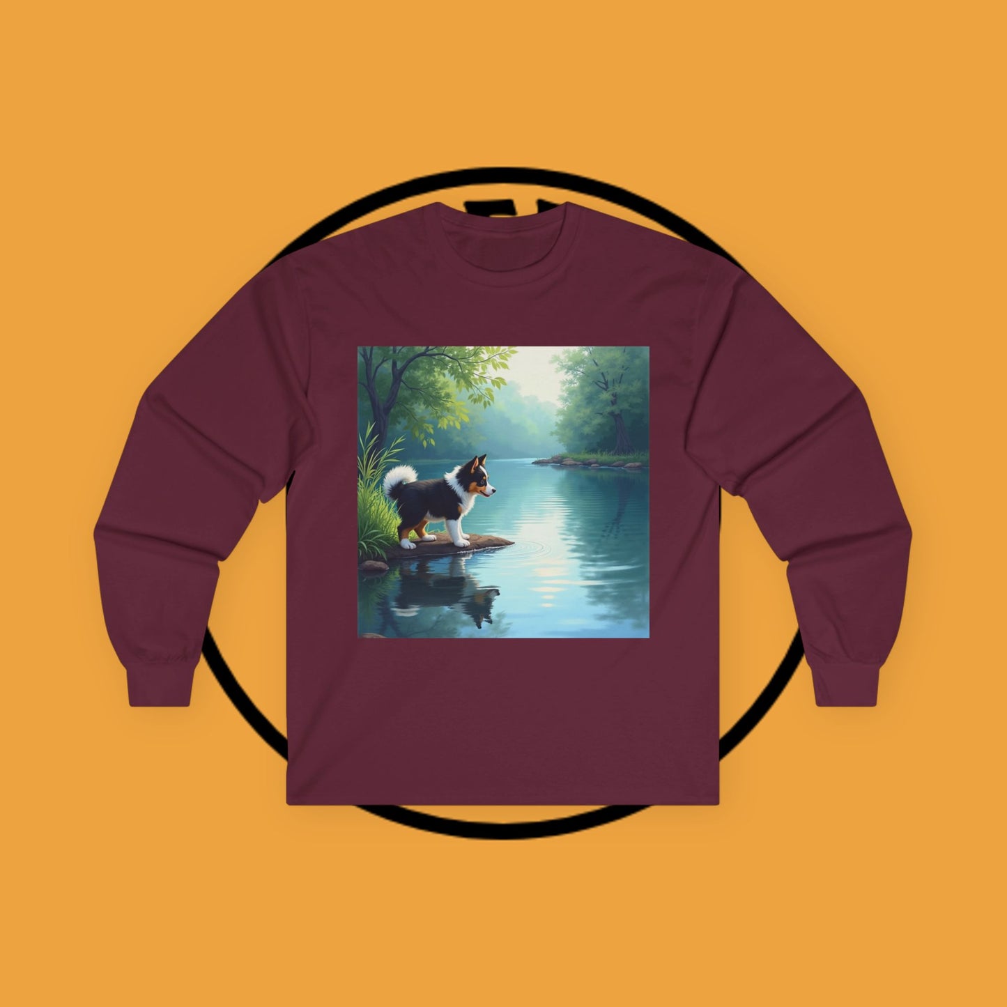 "Adorable Puppy by Tranquil Lake Long Sleeve Tee - Peaceful Nature Dog Art Shirt - Serene Landscape Apparel"